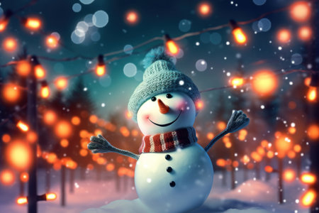 Snow man on night festival abstract background. Christmas theme. Generative ai.の素材