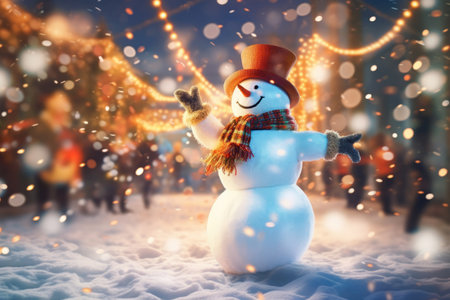 Snow man on night festival abstract background. Christmas theme. Generative ai.の素材