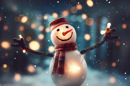 Snow man on night festival abstract background. Christmas theme. Generative ai.の素材