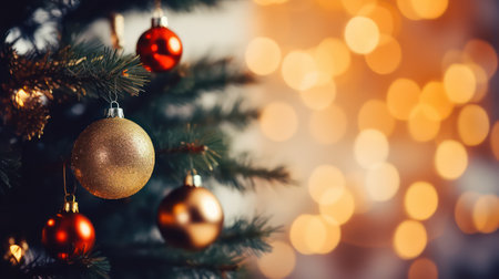 Close up decorated christmas tree with bokeh abstract background. Generative ai.の素材