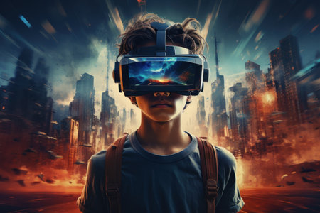 Person using vr glasses and technology future abstract background. Generative ai.の素材