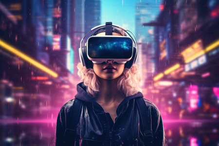 Person using vr glasses and technology future abstract background. Generative ai.の素材