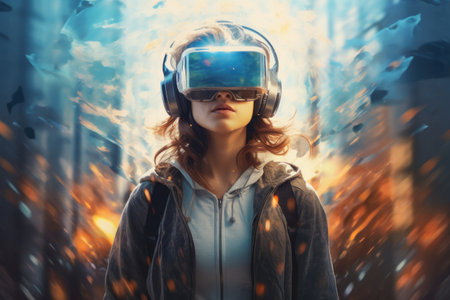Person using vr glasses and technology future abstract background. Generative ai.の素材