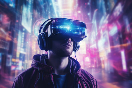 Person using vr glasses and technology future abstract background. Generative ai.の素材