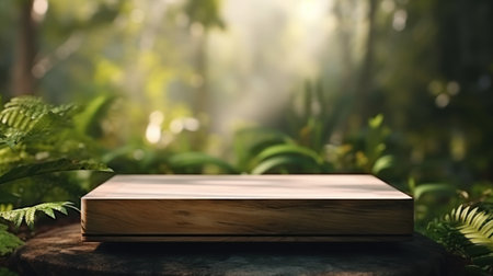 Wooden podium on forest abstract background. Product presentation. Generative ai.の素材