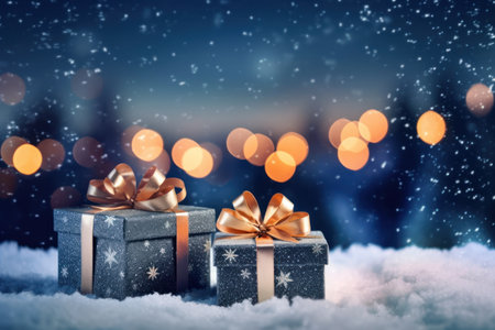 Gift box on snowfall abstract background. Christmas theme. Generative ai.の素材