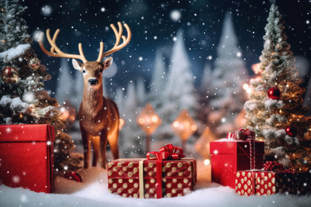 3d gift box and santa claus on snow fall abstract background. Christmas theme. Generative ai.の素材