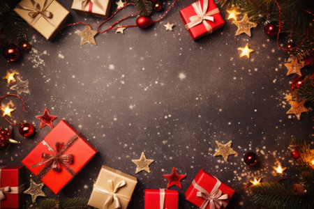 Gift boxs on copy space wall abstract background. Christmas theme. Generative ai.の素材