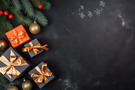 Gift boxs on copy space wall abstract background. Christmas theme. Generative ai.の素材