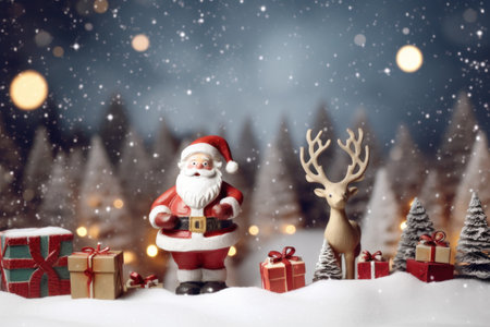3d gift box and santa claus on snow fall abstract background. Christmas theme. Generative ai.の素材