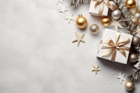 Gift boxs on copy space wall abstract background. Christmas theme. Generative ai.の素材