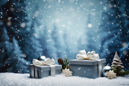 Gift box on snowfall abstract background. Christmas theme. Generative ai.の素材