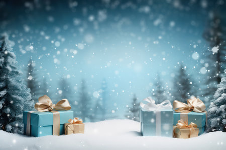Gift box on snowfall abstract background. Christmas theme. Generative ai.の素材