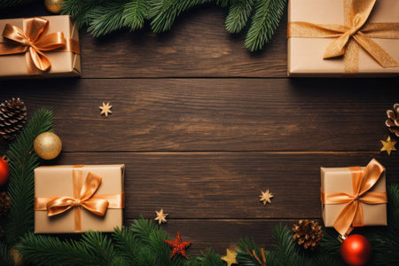 Gift boxs on copy space wood abstract background. Christmas theme. Generative ai.の素材