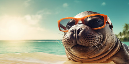 Seal wearing sunglasses on tropical beach abstract background. Generative ai.の素材