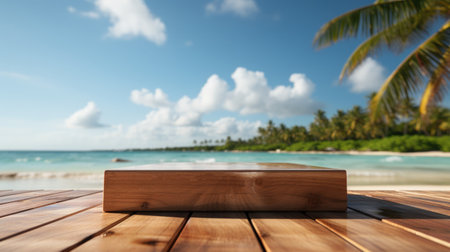 Wooden podium with copy space for product display presentation on palm beach and blue sky abstract background. Tropical summer and vacation concept. Graphic art design.の素材