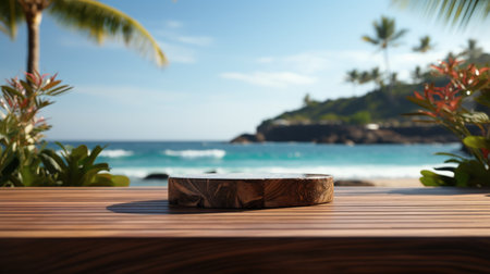 Wooden podium with copy space for product display presentation on palm beach and blue sky abstract background. Tropical summer and vacation concept. Graphic art design.の素材