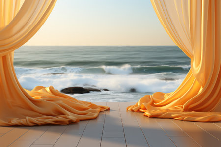 Yellow curtain and product showcase on tropical beach abstract background. Generative ai.の素材