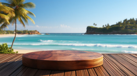 Wooden podium with copy space for product display presentation on palm beach and blue sky abstract background. Tropical summer and vacation concept. Graphic art design.の素材