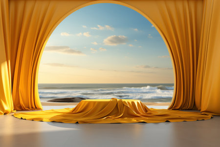 Yellow curtain and product showcase on tropical beach abstract background. Generative ai.の素材