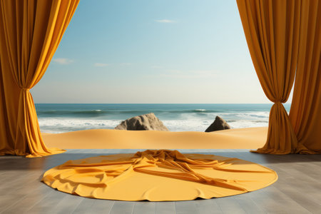 Yellow curtain and product showcase on tropical beach abstract background. Generative ai.の素材