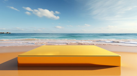3D yellow podium with copy space for product display presentation on beach with blue sky and white clouds abstract background. Tropical summer and vacation concept. Graphic rendering design.の素材