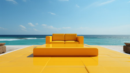 3D yellow podium with copy space for product display presentation on beach with blue sky and white clouds abstract background. Tropical summer and vacation concept. Graphic rendering design.の素材