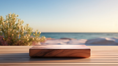 Wooden podium on tropical beach abstract background. Product presentation and summer concept.の素材