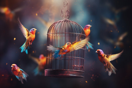 Birds flying out of cage abstract background. Freedom concept.の素材