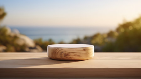 Wooden podium on tropical beach abstract background. Product presentation and summer concept.の素材
