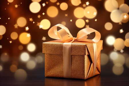 Gift box on bokeh abstract background. Happy new year concept. Generative ai.の素材