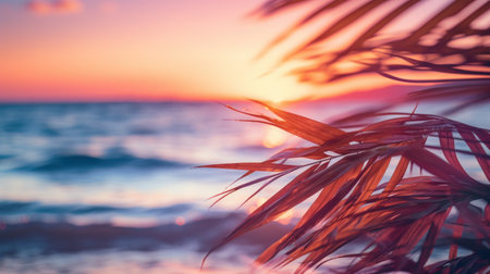 Palm leaves on tropical sunset beach abstract background. Summer and travel concept. Generative ai.の素材