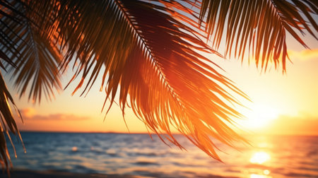 Palm leaves on tropical sunset beach abstract background. Summer and travel concept. Generative ai.の素材