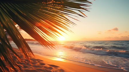 Palm leaves on tropical sunset beach abstract background. Summer and travel concept. Generative ai.の素材