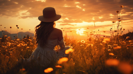 Woman relax at grass field on sunset sky abstract background. Generative ai.の素材