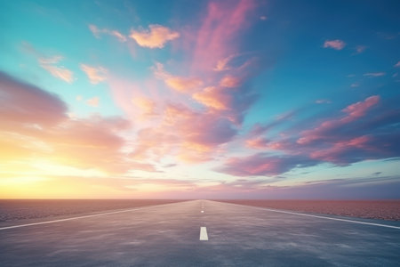 Empty road with beautiful sunset sky abstract background. Travel vacation and freedom concept. Generative ai.の素材