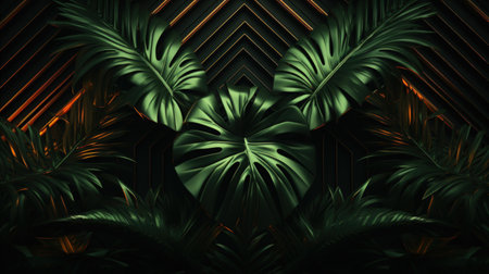 Tropical nature leaves with neon light background. Generative ai.の素材