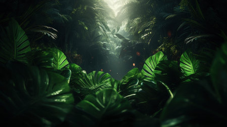 Tropical nature leaves with neon light background. Generative ai.の素材