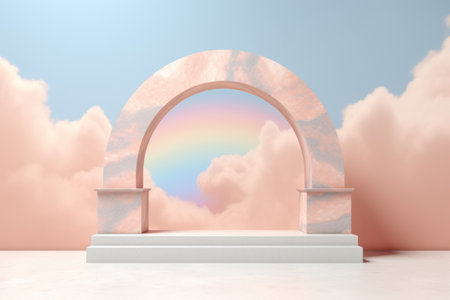 Podium on clouds abstract background. Product presentation. Generative ai.の素材