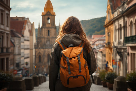 Backpacker woman walking in city abstract background. Generative ai.の素材