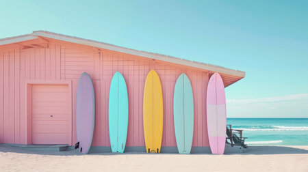 Surfboard on tropical beach abstract background. Vintage tone color style. Generative aiの素材