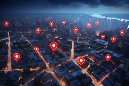 Gps navigator icon over city background. Generative ai.の素材
