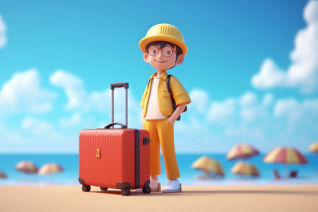 3d cartoon tourist man travel on beach abstract background. Generative ai.の素材