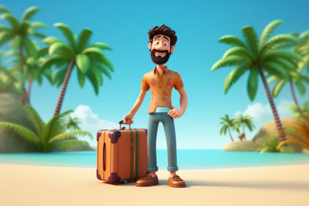 3d cartoon tourist man travel on beach abstract background. Generative ai.の素材