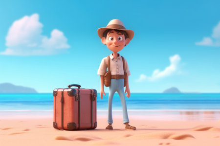3d cartoon tourist man travel on beach abstract background. Generative ai.の素材