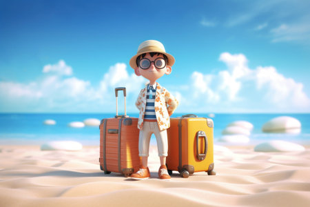 3d cartoon tourist man travel on beach abstract background. Generative ai.の素材