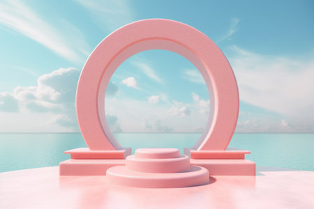 Empty podium on tropical beach abstract background. Generative ai.の素材