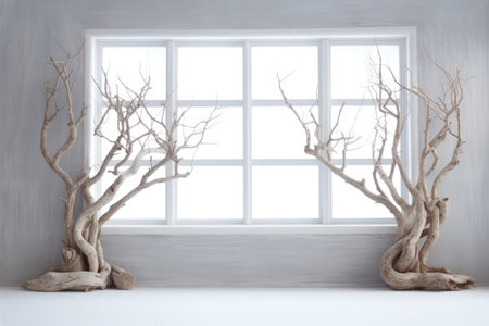 Dry tree branch in white room background. Generative ai.の素材