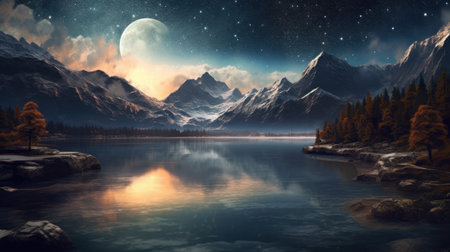 Landscape of mountain and river on night sky background. Generative ai.の素材
