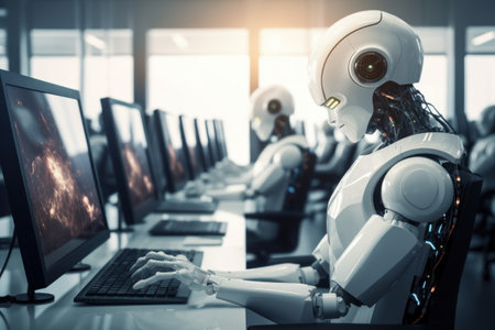 Ai robot using laptop at office abstract background. Technology future concept. Generative ai.の素材